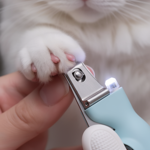 The Big Trim LED pet nail clippers gently trimming a cat's paw, showing the built-in LED light