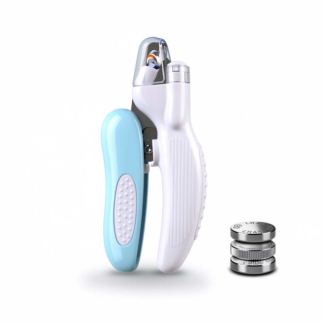 The Big Trim LED pet nail clipper in blue, studio hero shot