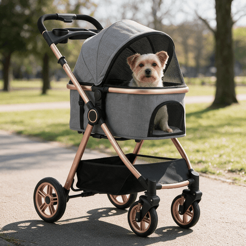 3-in-1 Folding Pet Stroller with Detachable Carrier — Easy Lock Canopy, Safety Harness & Storage Basket for Dogs & Cats - The Big Pet Shop