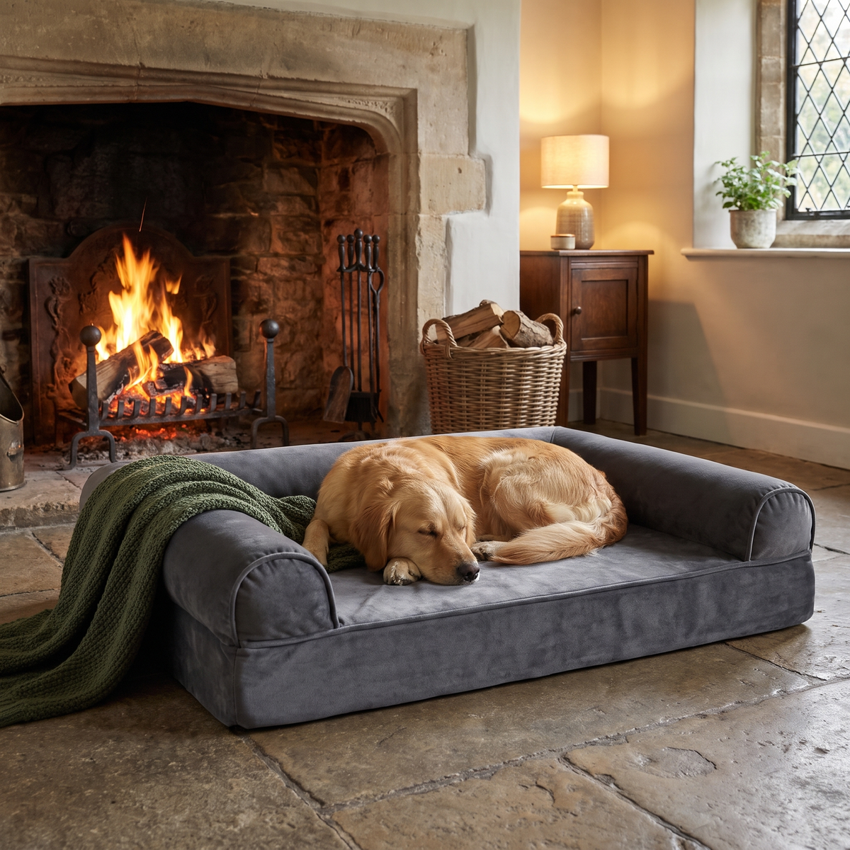The Big Snooze Pro orthopedic dog bed with bolster sides in a cosy cottage living room