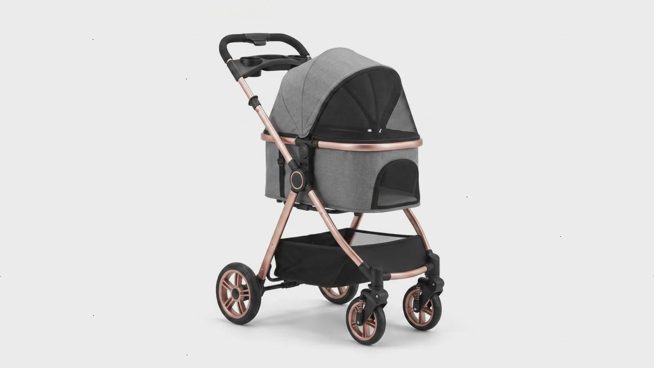 3-in-1 Folding Pet Stroller with Detachable Carrier — Easy Lock Canopy, Safety Harness & Storage Basket for Dogs & Cats