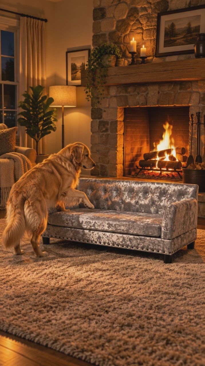 Golden retriever settling onto The Big Lounge velvet chesterfield dog sofa by an open log fire