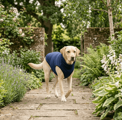 Dog wearing green hooded calming vest walking outdoors in garden