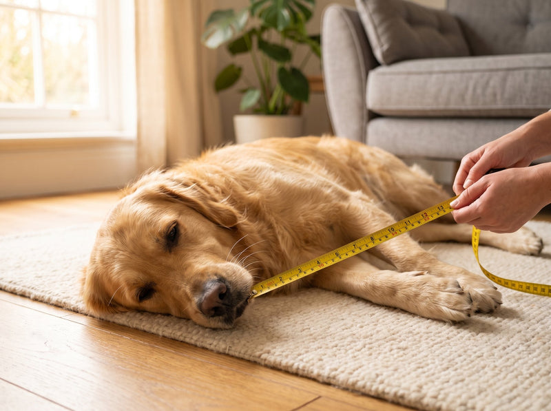 A tape measure running from a golden retriever's nose to the base of its tail while the dog lies stretched out on its side