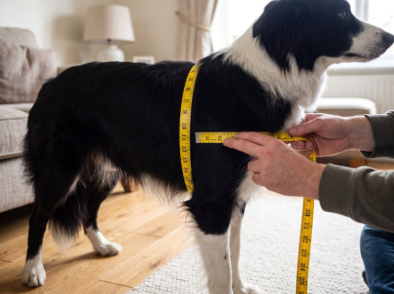 A tape measure around the deepest part of a Border Collie's chest, just behind the front legs, with two fingers under the tape