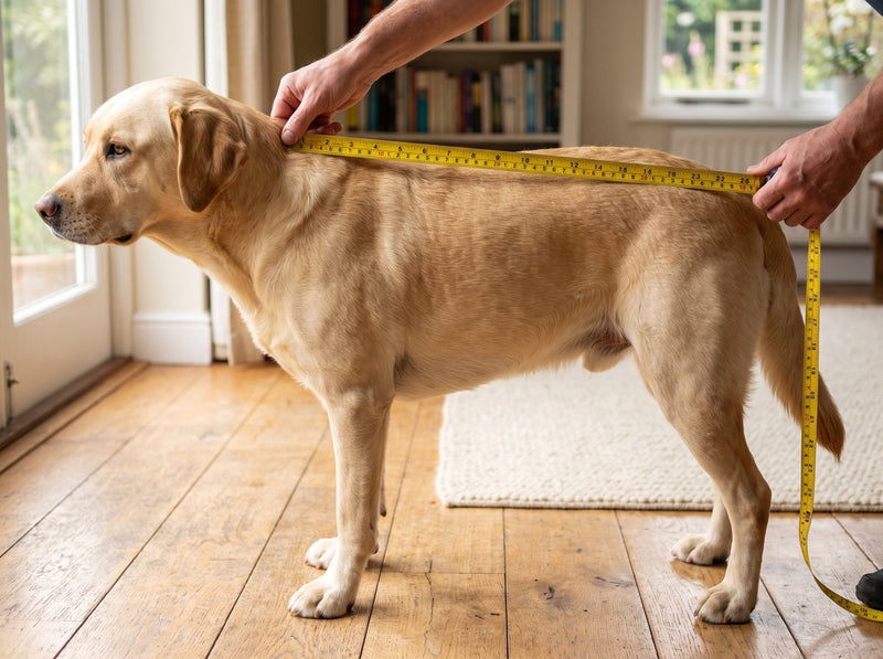 A tape measure laid along a standing Labrador's spine, from the base of the neck to the base of the tail